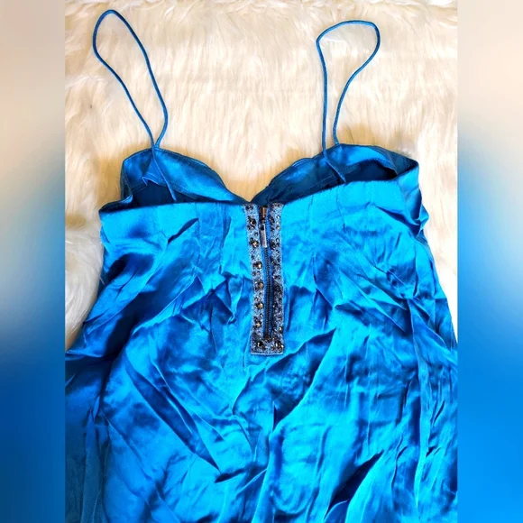 VINTAGE Rebecca Taylor Satin Silk Flowy Blue Dress Size 2 Gem Zip up back - Picture 6 of 12